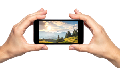A person holding a mobile phone, capturing a breathtaking mountain scenery