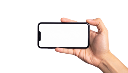 A hand holding a mobile phone with blank screen, perfect for showcasing an app or design.