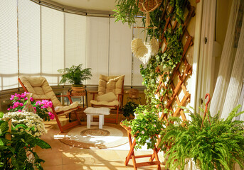 Cozy balcony interior with indoor plants, boho and Scandinavian style decor, natural light and rattan furniture creating a bright, relaxing home atmosphere
