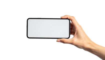 A hand holding a mobile phone with a blank screen. This image can be used for mockups, showcasing apps, or representing technology and communication.
