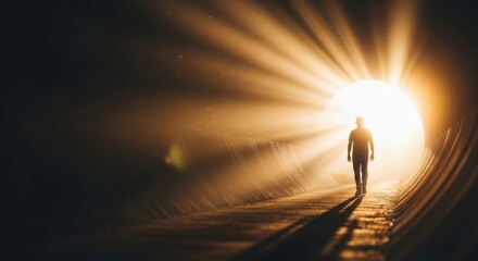 Silhouette of a person walking towards a radiant light at the end of a dark tunnel, symbolizing hope and new beginnings.