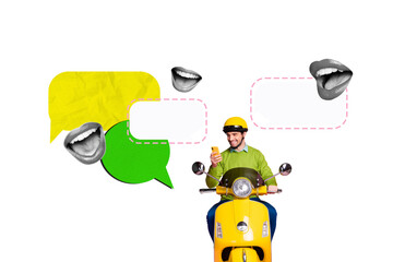 Creative collage image young man scooter rider online communication messenger mouth laughter joke textbox speech discussion dialog