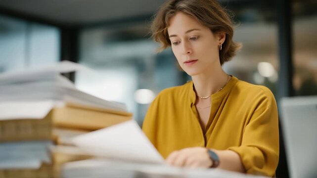 Office scene with administrative worker sorting stacks of certified contracts, emotion of diligence and order visible, representing business documentation management, legal compliance, and