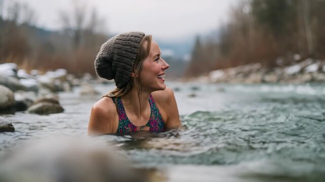 Serene Plunge: A woman in a knit cap embraces the invigorating cold of a brisk river dip, her face etched with a radiant smile as she finds joy in the chilling embrace of nature.