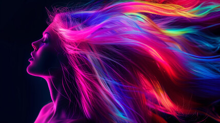 Naklejka premium A girl with glowing hair in shades of pink, blue, and green, illuminating softly against a dark background.