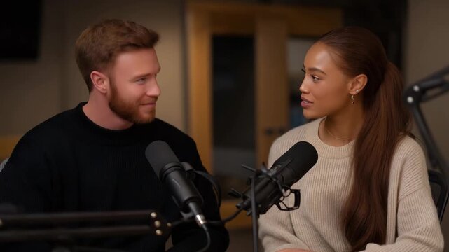 Podcast-style interview setup with microphones, soundproof walls, and expressive hosts talking enthusiastically, representing influencer marketing, digital communication, and creative content