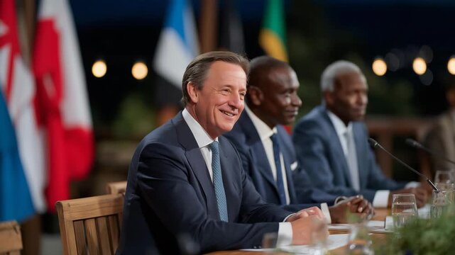 Political leaders at summit table debating trade policies with interpreters assisting, symbolizing multicultural dialogue, structured diplomacy, and complex global decision-making procedures.
