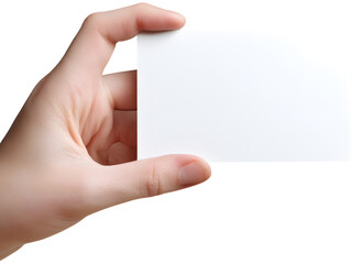 Obraz premium Hand holding white blank business card isolated on transparent background, perfect for branding mockup.