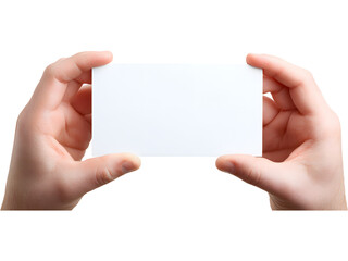 Fototapeta premium Hand holding white blank business card isolated on transparent background, perfect for branding mockup.