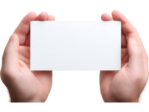 Hand holding white blank business card isolated on transparent background, perfect for branding mockup.