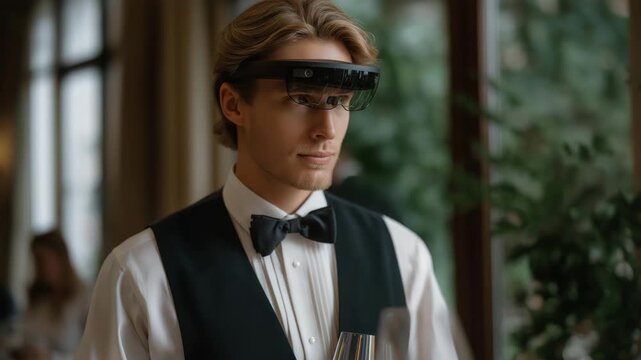 Professional butler discreetly monitoring dinner guests through smart AR glasses, emotion hidden under professionalism, blending advanced hospitality analytics with human sensitivity for elite