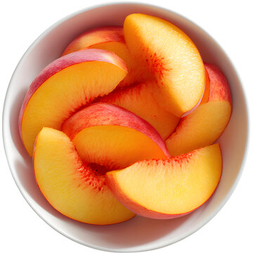 Fresh peach slices in white bowl isolated on transparent background, representing natural sweetness and freshness.