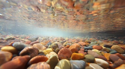 riverbed. Colorful pebbles on a riverbed under clear shallow water with sunlight refraction. ESG reports, sustainability campaigns, designed for environmental awareness campaigns.