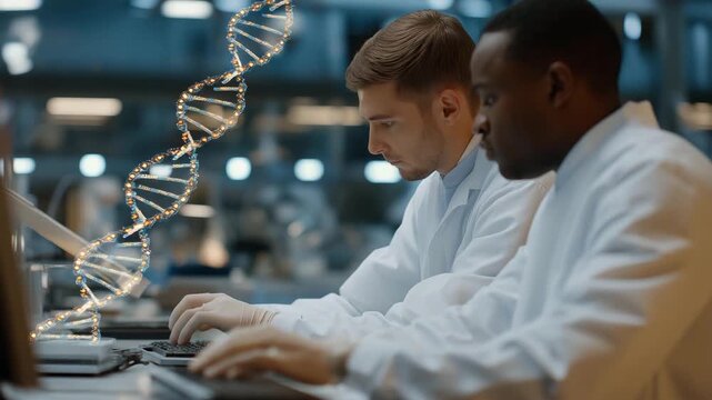 Scientists in sleek biotechnology lab manipulating holographic DNA models projected above advanced sequencing machines, symbolizing future medicine, genetic engineering, and breakthrough biomedical