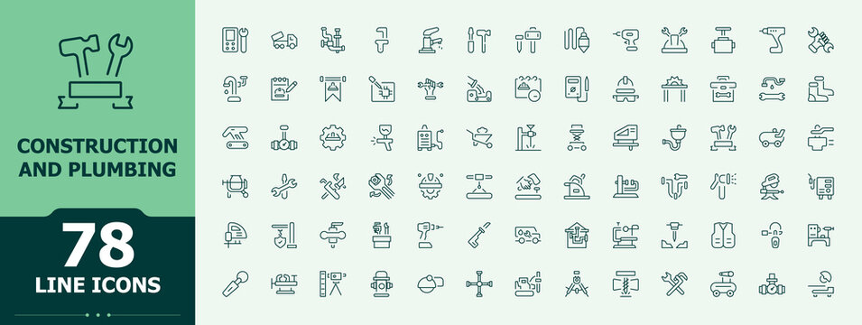 Construction And Plumbing modern icon set. Plumbing line icon set. UI icons set in a thin style. build, construction, mechanic, house, tool, equipment. Editable vector art and illustration.