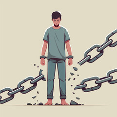 Flat Illustration Man Breaking Chains Symbolizing Freedom and Liberation in Neutral Background