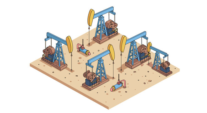 Isometric oil pump jacks operate on desert terrain with machinery and equipment