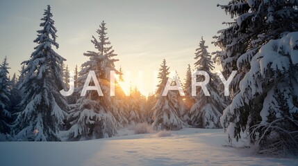 Beautiful winter landscape with “January” text overlay, snow-covered pine trees, golden sunrise reflecting on frost