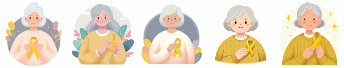 vector of a grandmother holding a yellow ribbon