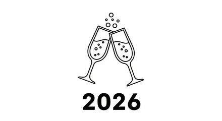 Celebrate 2026! Elegant Toasting Champagne Glasses Line Art for New Year's Eve, Milestone Events, and Festive Greetings, Perfect for Invitations