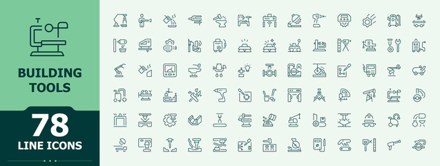 Building Tools icon pack. Real icon set. Icons for website. Contains such icons as sustainable, floor, energy, architecture, architect, estate and more. Editable stroke. Pixel Perfect.