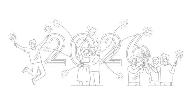 Celebrate 2026 with Friends Sparklers and Joyful Moments Captured in a Lighthearted Line Drawing for New Year's Festivities and Future Celebrations