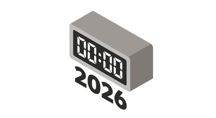 Modern isometric clock ticks to 2026, a futuristic countdown to the new year, perfect for technology, business, and event promotions needing a fresh, clean look