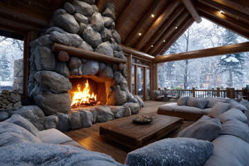Fototapeta premium Cozy winter retreat with a stone fireplace and snow-covered landscape outside