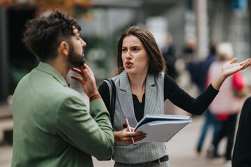A woman on a city street speaks passionately at a man, holding a notebook and papers while gesturing. The moment captures conflict, communication, and urban daily life.