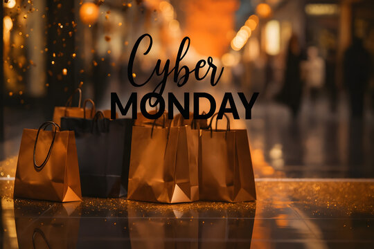 Gift bags in front of sparkling city shop windows, representing sales season, Black Friday, and Cyber Monday shopping concept