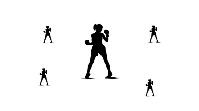 Zoom in and out animation the boxer girl symbol. Large black symbol in the center and four small symbols around. Seamless looped 4k animation on white background