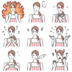 エプロン姿の女性の表情いろいろ　コミカル