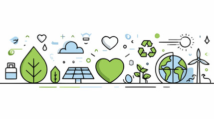Flat linear vector of eco icons including leaf, heart, earth, wind turbine, and solar panel, symbolizing sustainability, renewable energy, and green lifestyle, clean design for banners and reports