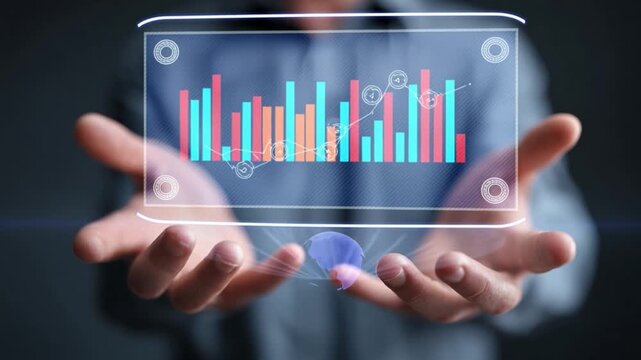 Data Analysis: A close-up view of hands cradling a holographic data display, visualizing a wealth of information, symbolizing analytical skills and information processing. 
