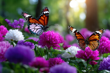 Fototapeta premium Monarch butterflies flutter among vibrant flowers in a lush garden during golden hour