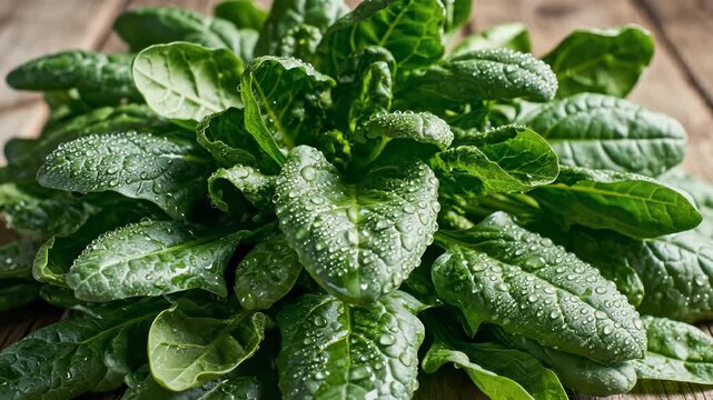 Fresh spinach leaves on a wooden table showcase a commitment to organic and wholesome eating habits, perfect for creating a warm and inviting atmosphere in cooking shows, food blogs.