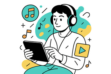 Immersive Media Experience. Media Consumption Habits. Person using headphones and tablet with floating abstract geometric music and video icons, immersive and