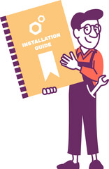 Technician character holding instruction manual. Flat vector illustration for manual, support, service, maintenance, or tutorial topics.
