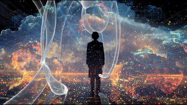 Into the Unknown: A silhouette of a solitary figure stands at the threshold of a vibrant, dreamlike landscape, filled with swirling clouds, celestial light, and a sense of endless possibilities.