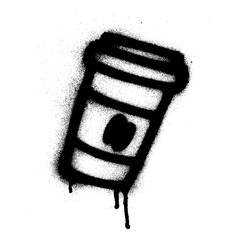 Black graffiti stencil of a takeaway coffee cup with coffee bean symbol. Street art illustration with dripping spray paint effect, representing urban lifestyle, caffeine, and cafe culture. © kadiran