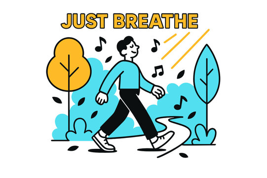 Nature's Calm Walk. Stress management techniques ? Nature walk. Simplified trees and sunbeams surround a walking figure; musical notes drift like floating