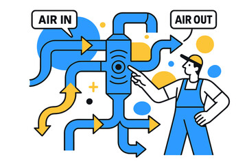 Duct System Dynamics. Ventilation Duct Layout. Arrows sweep through branching ducts, labels pulse ?Air In / Air Out? as a technician points at a hub. Pressure