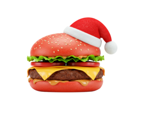 Funny Christmas burger wearing Santa Claus hat, special Christmas menu, isolated on white background