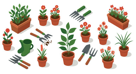Naklejka premium Isometric gardening set with plants, tools, and pots for urban landscaping