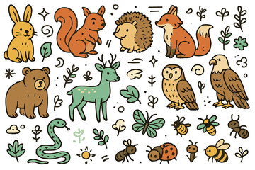 Enchanted Animals Doodle. Enchanted animals. Hand-drawn doodle illustration enchanted animals colored rabbit, colored squirrel, colored hedgehog, colored fox,