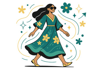 Fototapeta premium Boho-Chic Confidence. A young woman wearing a boho-chic dress and oversized sunglasses. Woman walking through sunlit street wearing flowing bohemian dress and