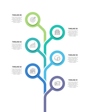 6 Steps vertical organizational chart design for project planning and tracking progress. Presentations, deadlines and milestones. Vector illustration.