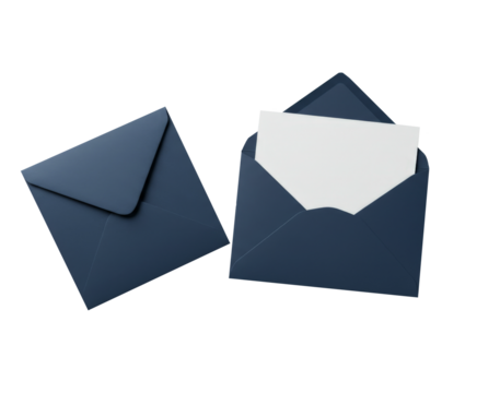 Elegant blue envelopes with empty white card inside isolated on white background