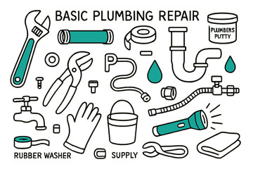 Plumbing Repair Essentials. // Basic plumbing repair. Hand-drawn doodle illustration basic plumbing repair [wrench (accented), pipe section (accented), Teflon