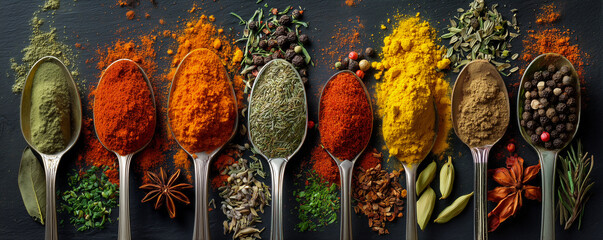 A row of spoons holds brightly colored powdered spices and seeds (paprika, turmeric, leafy greens, pepper, cumin, fennel), a rich and colorful scene perfect for culinary, seasoning, and food industry